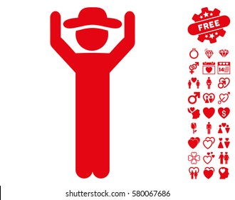 Gentleman Hands Up icon with bonus decoration design elements. Vector illustration style is flat iconic red symbols on white background.