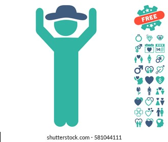 Gentleman Hands Up icon with bonus love images. Vector illustration style is flat iconic cobalt and cyan symbols on white background.