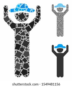Gentleman hands up mosaic of irregular elements in different sizes and color tinges, based on gentleman hands up icon. Vector abrupt elements are combined into collage.