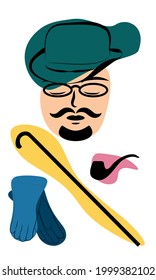 Gentleman in hat with cane, glasses, tube and gloves. Colored clipart 