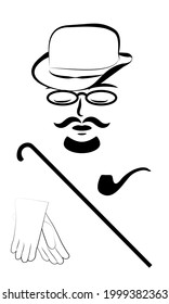 Gentleman in hat with cane, glasses, tube and gloves. Black and whute clipart 