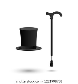 Gentleman hat and cane isolated on white background.