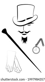 Gentleman in hat with cane, watch and gloves. Black and white clipart 