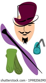 Gentleman in hat with cane, watch and gloves. Colored clipart 