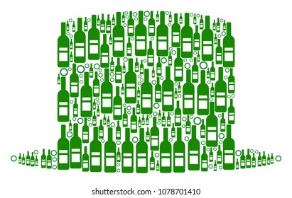 Gentleman Hat collage of alcohol bottles and circle particles in various sizes and green colors. Vector items are united into gentleman hat illustration. Bar vector illustration.