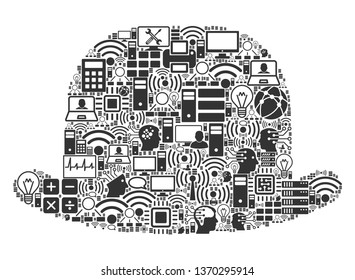 Gentleman Hat collage icon done for bigdata and computing illustrations. Vector gentleman hat mosaics are combined from computer, calculator, connections, wi-fi, network,