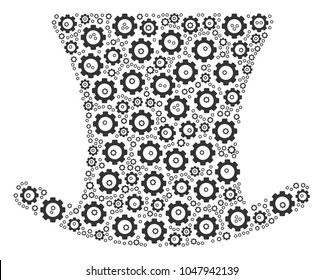 Gentleman Hat composition of cog wheels. Vector gear components are organized into gentleman hat collage.