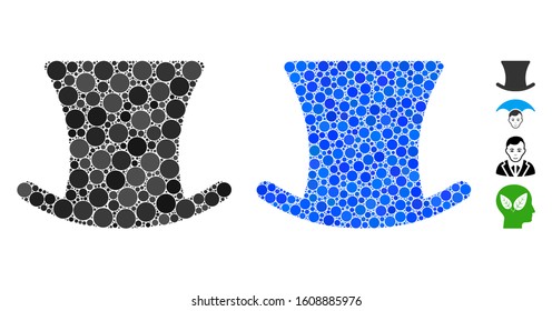 Gentleman hat composition of round dots in variable sizes and color tints, based on gentleman hat icon. Vector round dots are composed into blue composition.