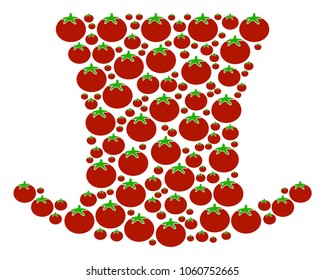 Gentleman Hat composition of tomato vegetables in variable sizes. Vector tomato symbols are organized into gentleman hat mosaic. Diet vector illustration.
