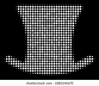 Gentleman hat halftone vector icon. Illustration style is pixel iconic gentleman hat symbol on a black background. Halftone pattern is constructed with round cells.