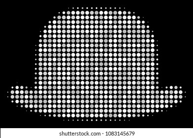 Gentleman hat halftone vector icon. Illustration style is pixelated iconic gentleman hat symbol on a black background. Halftone matrix is created with circle points.