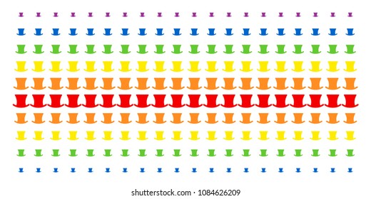 Gentleman Hat icon rainbow colored halftone pattern. Vector pictograms organized into halftone array with vertical spectrum gradient. Designed for backgrounds, covers,