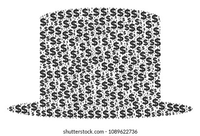 Gentleman hat mosaic of dollars and spheric spots. Vector money signs are grouped into gentleman hat illustration.