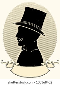Gentleman in a a hat and mustache.Vector face black silhouette and scroll for text