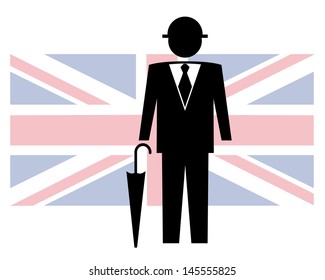 gentleman with hat and umbrella with united kingdom flag in background