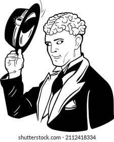 Gentleman with hat and weird look. Brain, zombie, halloween. Suit. Welcome home. Black and white silhouette