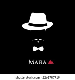 Gentleman head with bow tie and hat isolated on black background. Mafia avatar. Stylish mafioso vector portrait.  