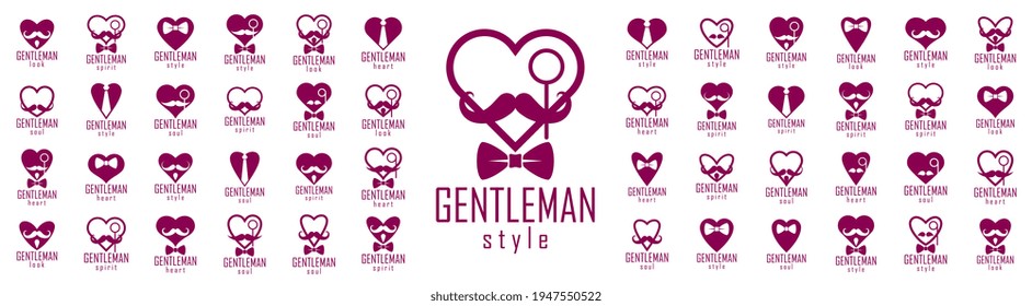 Gentleman hearts vector icons or logos set, heart shapes with ties mustaches and glasses symbols collection, man club, male style and fashion.