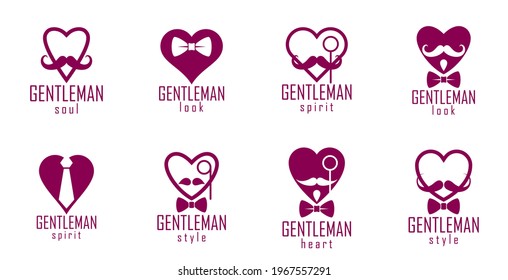 Gentleman hearts vector icons or logos set, heart shapes with ties mustaches and glasses symbols collection, man club, male style and fashion.
