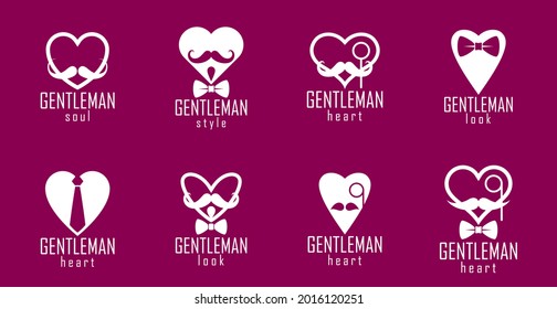 Gentleman hearts vector icons or logos set, heart shapes with ties mustaches and glasses symbols collection, man club, male style and fashion.