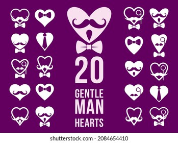 Gentleman hearts vector icons or logos set, heart shapes with ties mustaches and glasses symbols collection, man club, male style and fashion.