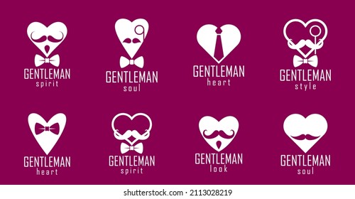 Gentleman hearts vector icons or logos set, heart shapes with ties mustaches and glasses symbols collection, man club, male style and fashion.