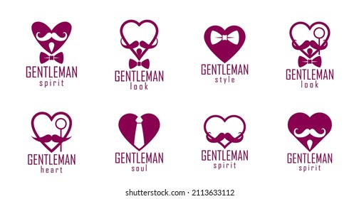 Gentleman hearts vector icons or logos set, heart shapes with ties mustaches and glasses symbols collection, man club, male style and fashion.