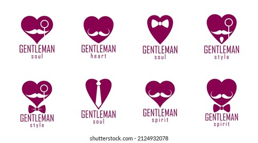 Gentleman hearts vector icons or logos set, heart shapes with ties mustaches and glasses symbols collection, man club, male style and fashion.