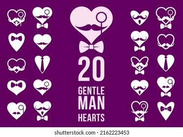 Gentleman hearts vector icons or logos set, heart shapes with ties mustaches and glasses symbols collection, man club, male style and fashion.