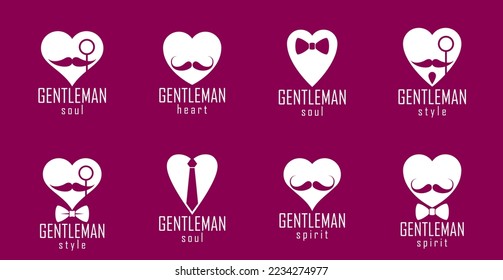 Gentleman hearts vector icons or logos set, heart shapes with ties mustaches and glasses symbols collection, man club, male style and fashion.