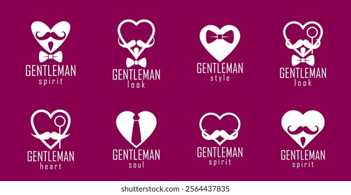 Gentleman hearts vector icons or logos set, heart shapes with ties mustaches and glasses symbols collection, man club, male style and fashion.