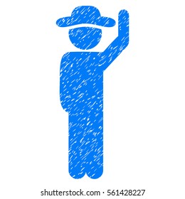 Gentleman Hello grainy textured icon for overlay watermark stamps. Flat symbol with unclean texture. Dotted vector blue ink rubber seal stamp with grunge design on a white background.