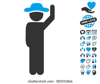 Gentleman Hello icon with bonus decorative clip art. Vector illustration style is flat iconic blue and gray symbols on white background.