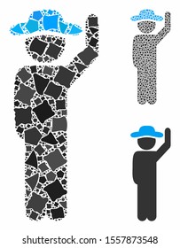 Gentleman hello mosaic of raggy items in various sizes and color tints, based on gentleman hello icon. Vector tuberous parts are composed into collage.