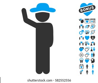 Gentleman Hitchhike icon with bonus passion pictograms. Vector illustration style is flat iconic blue and gray symbols on white background.