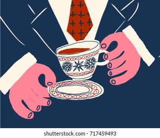 Gentleman holding cup of tea with a suitcase and tie cartoon