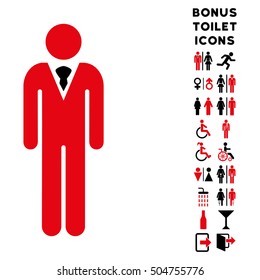 Gentleman icon and bonus gentleman and lady toilet symbols. Vector illustration style is flat iconic bicolor symbols, intensive red and black colors, white background.