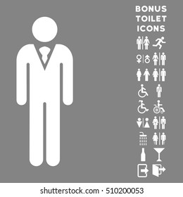 Gentleman icon and bonus male and female restroom symbols. Vector illustration style is flat iconic symbols, white color, gray background.