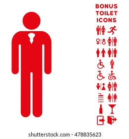 Gentleman icon and bonus man and female toilet symbols. Vector illustration style is flat iconic symbols, red color, white background.