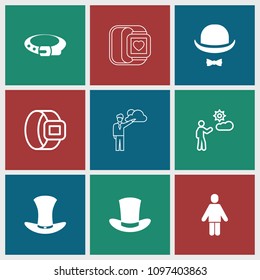 Gentleman icon. collection of 9 gentleman filled and outline icons such as belt, hat and moustache, hat. editable gentleman icons for web and mobile.