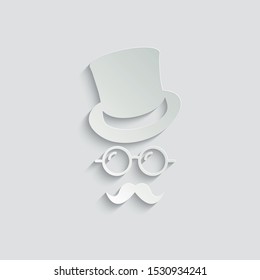  Gentleman icon. Hat. Glasses. Mustache. Vector icon
Unknown man with a mustache in the hat, glasses. Inspector or detective icon. paper with shadow 
