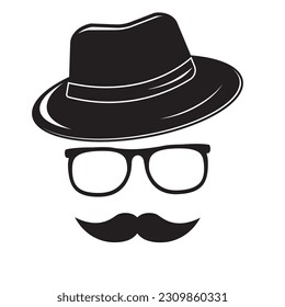 Gentleman icon. Hat. Glasses. Mustache. Vector icon Unknown man with a mustache in the hat, glasses. Inspector or detective icon.