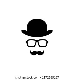 Gentleman icon isolated on white background. Silhouette of man's head with moustache, hipster glasses and bowler hat. Black simple avatar.  Isolated on white. Vector flat illustration.