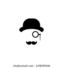 Gentleman icon isolated on white background. Silhouette of man's head with moustache, lorgnette glasses and bowler hat. Black retro, vintage avatar.  Isolated on white. Vector flat illustration.