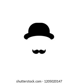 Gentleman icon isolated on white background. Silhouette of man's head with moustache and bowler hat. Black simple avatar.  Isolated on white. Vector flat illustration.