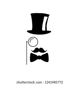 Gentleman icon isolated on white background. Silhouette of man's head with moustache, lorgnette glasses and bowler hat. Black retro, vint
