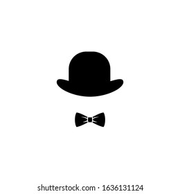 Gentleman icon isolated on white background. Silhouette of man's head with hat an bow tie. Black simple avatar.  Isolated on white. Vector flat illustration.