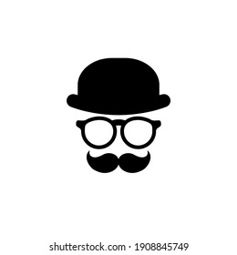 Icono de caballero aislado en fondo blanco. Silhouette de la cabeza del hombre con bigote, gafas de hipster y sombrero de bolos. Un avatar negro y simple.  Aislado en blanco. Ilustración plana vectorial.