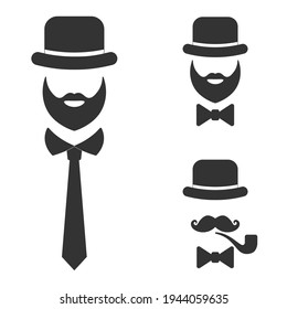 Gentleman icon. Man in a hat, with a mustache and with a bow tie or tie isolated on a white background. The symbol of a gentleman, brutality and a man