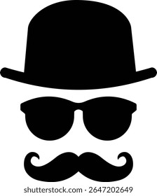 Gentleman icon. Man wears glasses with hat and mustache black vector design. Secret agent icon in a hat and glasses mustache isolated on transparent background. Vector illustration.